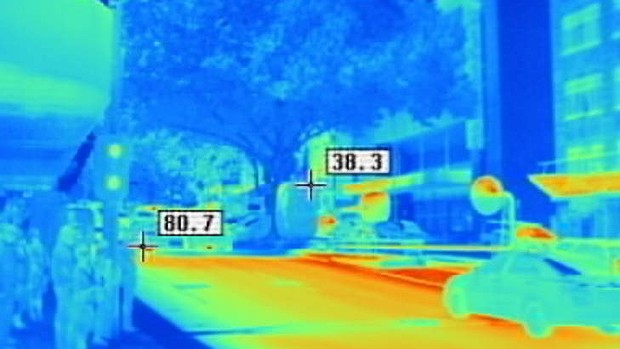 A thermal image at the corner of Russell and Bourke streets, Melbourne, between 3-4pm on December 8, 2011, when the day's top temperature was 32.4. Numbers indicate degrees celcius (Source: http://www.theage.com.au/victoria/melbourne-city-centre-a-death-trap-as-heatisland-effect-takes-its-toll-20140116-30xt8.html#ixzz2vcgyj1Sx)