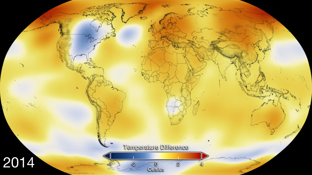 This color-coded map displays global temperature anomaly data from 2014 collected by NASA. (Source: NASA's Goddard Space Flight Centre)