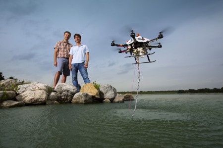 The potential applications of drones for water research are far-reaching, here shown collecting samples from a lake. (Source: University of Nebraska-Lincoln)