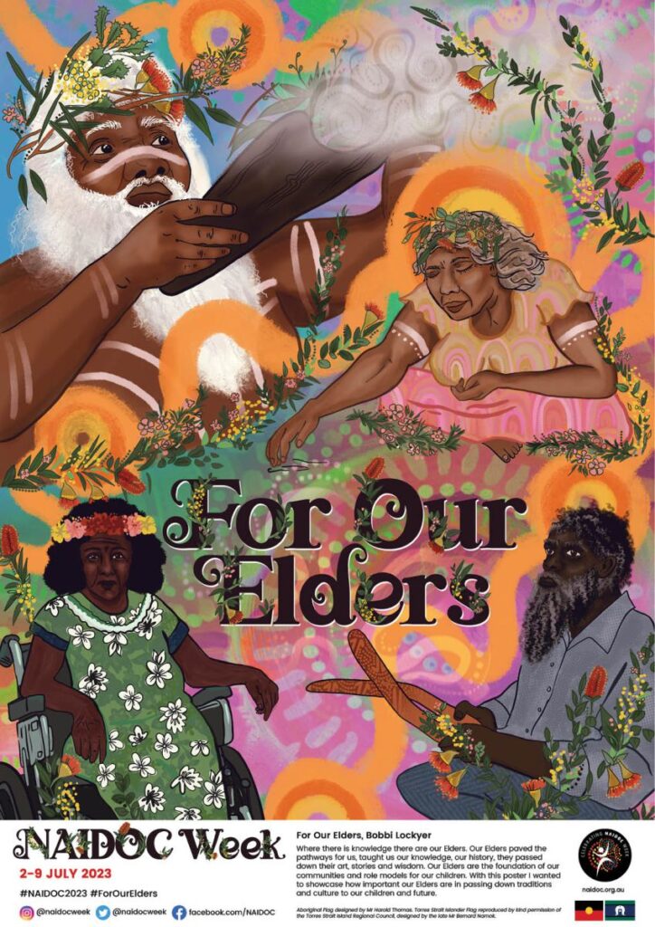 Bobbi Lockyer, a proud Ngarluma, Kariyarra, Nyulnyul and Yawuru artist, born and based on Kariyarra Country in Port Hedland, is the winner of the prestigious National NAIDOC Week Poster Competition for 2023 with her entry, For Our Elders.